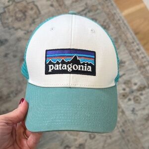 Patagonia Aqua and White Trucker Hat